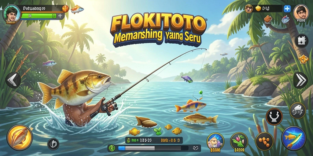 Screenshot gameplay FLOKITOTO menampilkan aksi seru memancing di lautan.