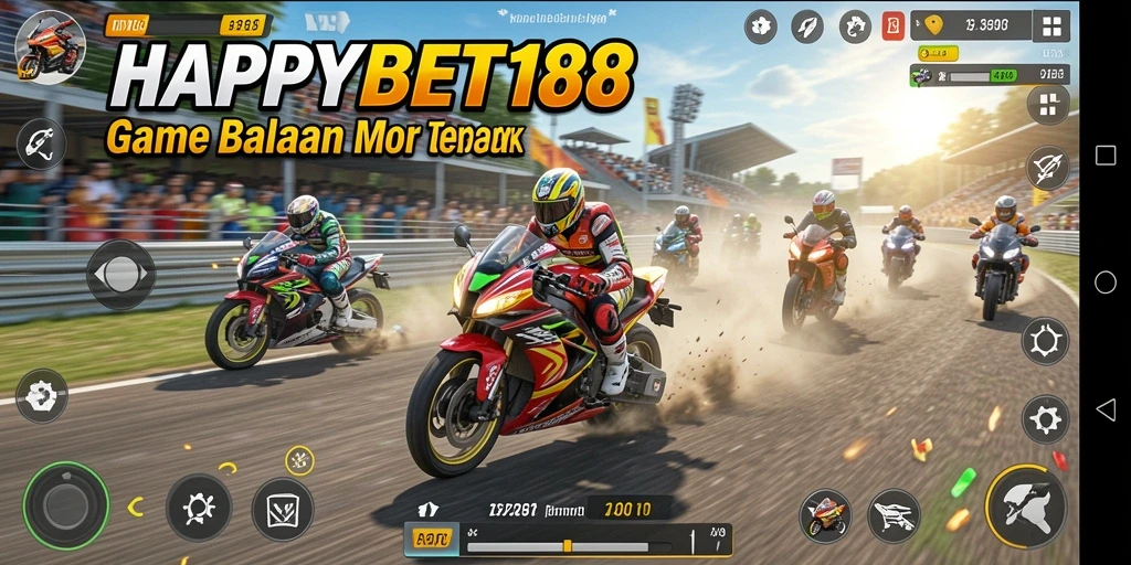 Tangkapan layar permainan HAPPYBET188 yang menampilkan aksi balapan motor.