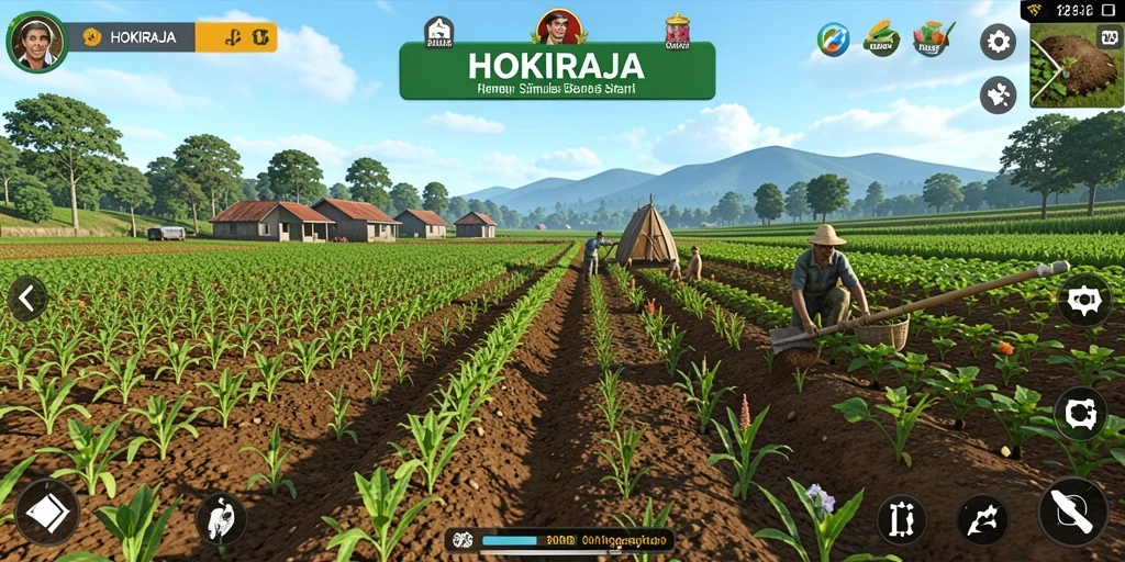 Tampilan gameplay HOKIRAJA dengan petani yang sedang memanen hasil pertanian.