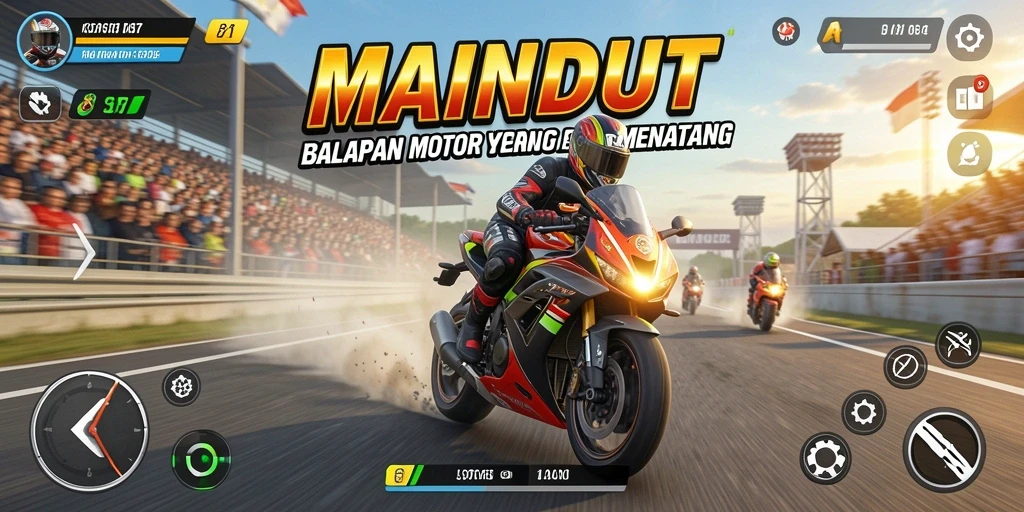 Screenshot gameplay MAINDUIT menampilkan aksi balapan motor yang seru.