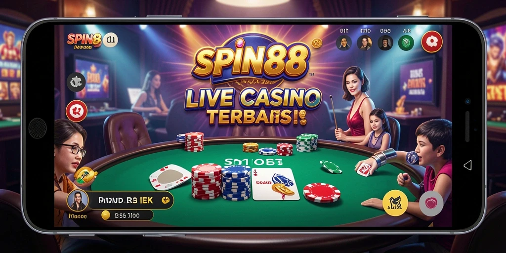 Screenshot gameplay SPIN88 yang menunjukkan dealer dan suasana kasino langsung.