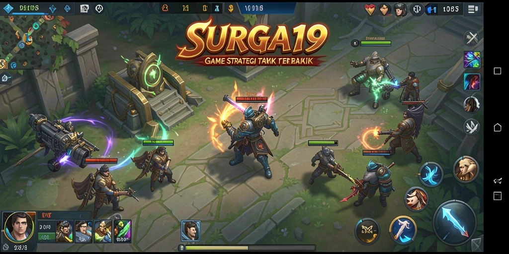 Screenshot utama SURGA19 menampilkan aksi strategi dalam pertempuran.