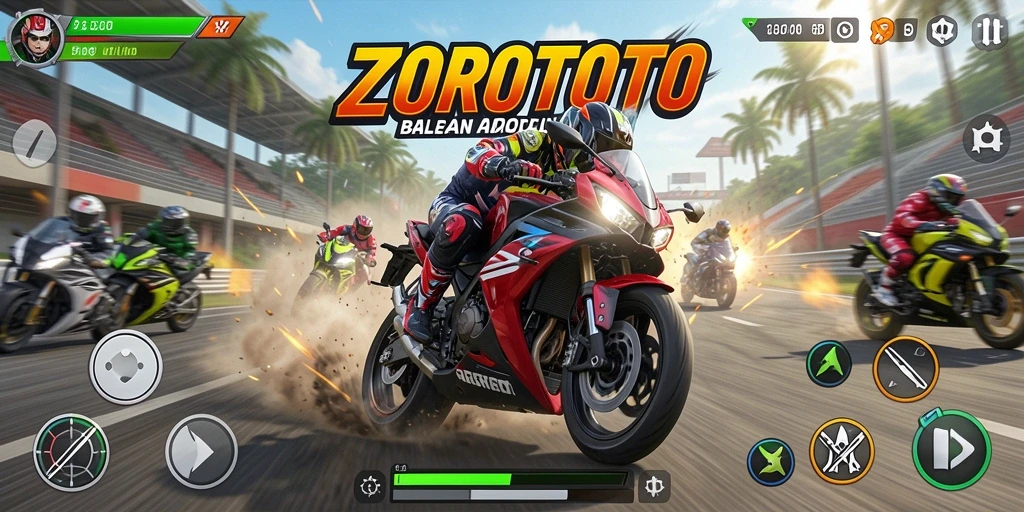 Screenshot gameplay <strong>ZOROTOTO</strong> menampilkan balapan motor yang mendebarkan.